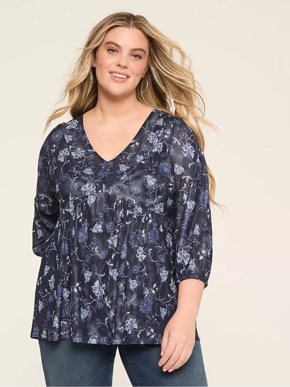 Lane Bryant Navy Floral V-Neck Tunic